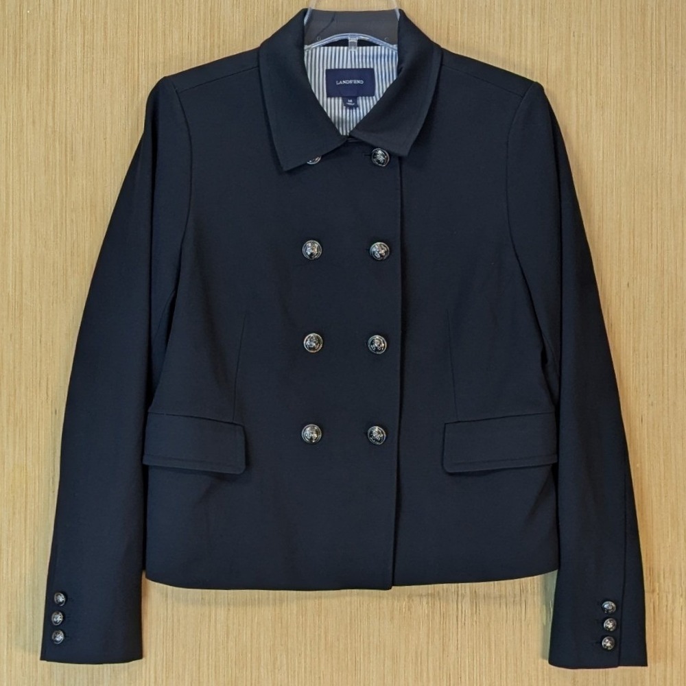 Lands End Jacket Coat Womens 14 Navy Blue Sailor Nautical Preppy Double Breasted
